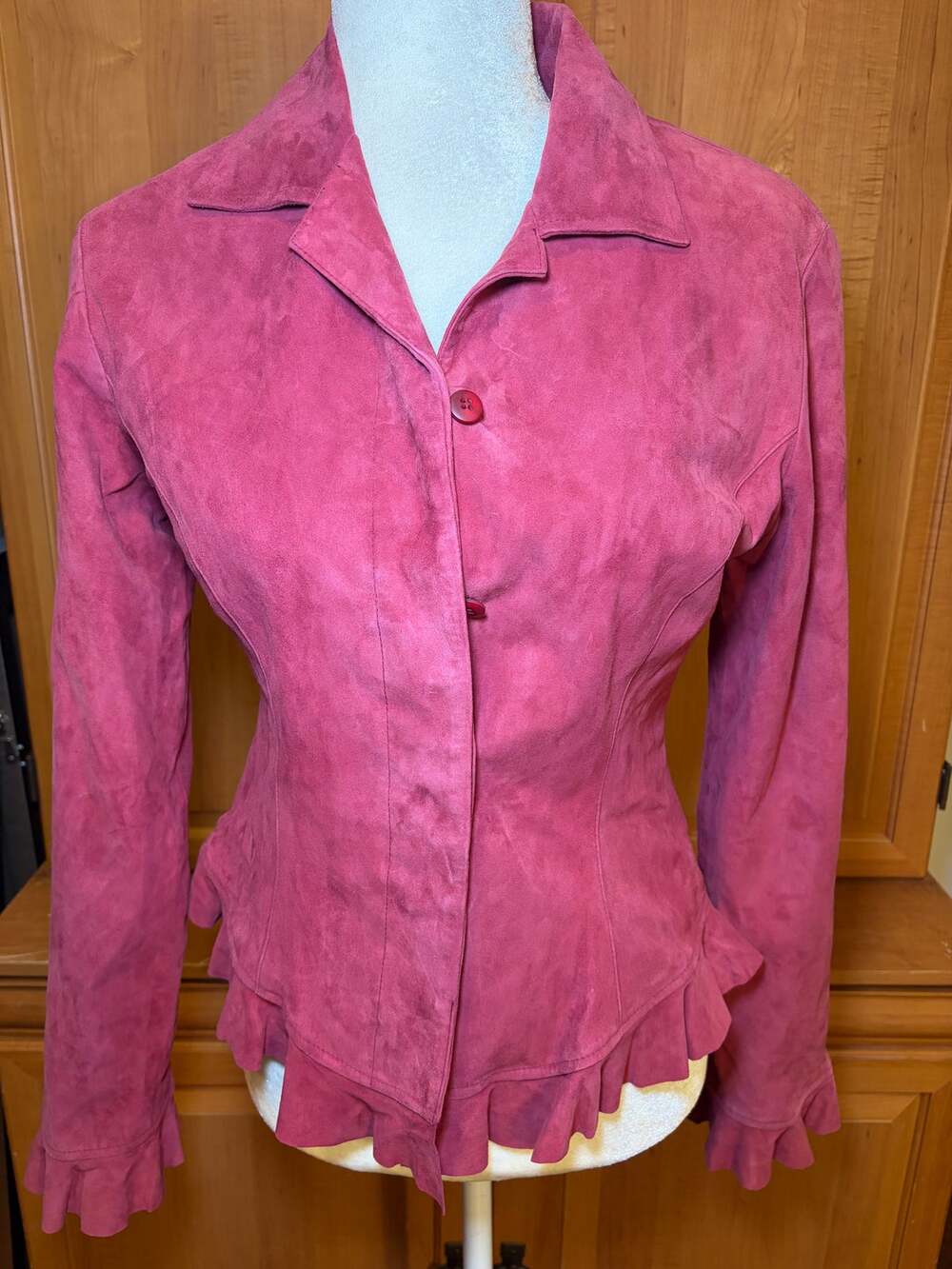 Caché Raspberry Pink Genuine Suede Ruffle Trim Fitted Jacket S - Picture 1 of 8